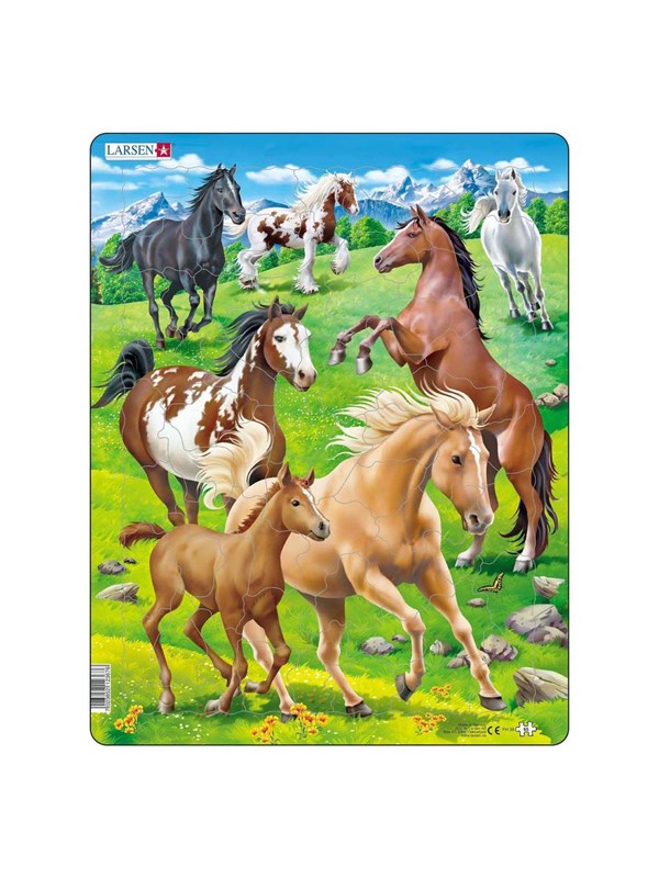 Larsen Paarden in een bergweide – Puzzel – Dieren – Paarden – Educatieve legpuzzel voor kinderen – 65 stukjes – Gemaakt in Noorwegen – Extra dikke 2,5 mm stukjes – Tray met vaste rand