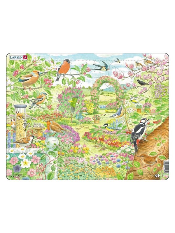 Larsen Kleurrijke bloemen en vogels in een mooie tuin – Puzzel – Dieren – Tuinvogels en bloemen – Educatieve legpuzzel voor kinderen – 60 stukjes – Gemaakt in Noorwegen – Extra dikke 2,5 mm stukjes – Tray met vaste rand