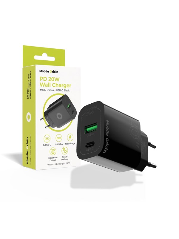 Mobile Origin PD20W Wall Charger MO12 - black - 1 USB-A + 1 USB-C