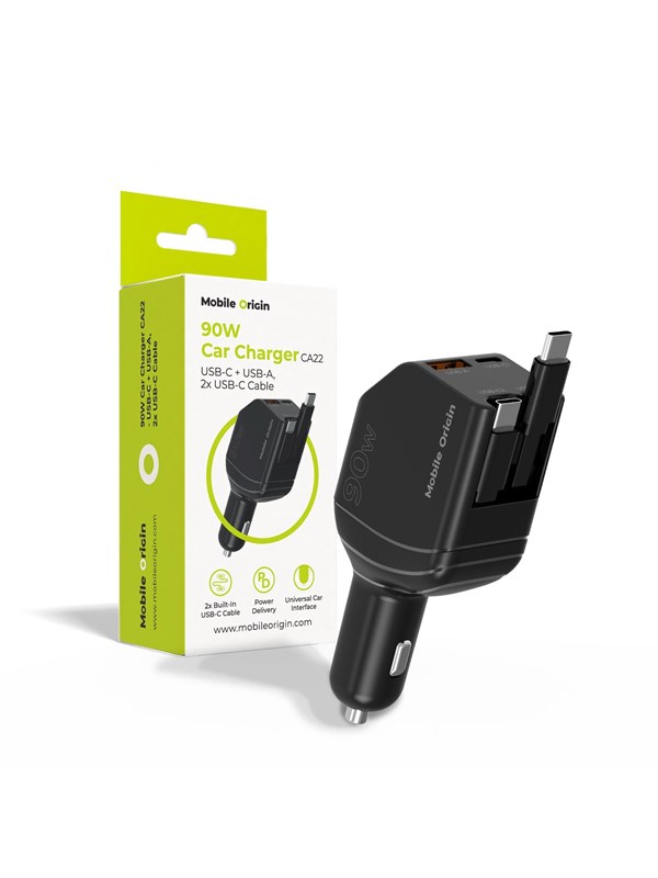 Mobile Origin 90W Car Charger CA22 - USB-C + USB-A 2x USB-C Cable