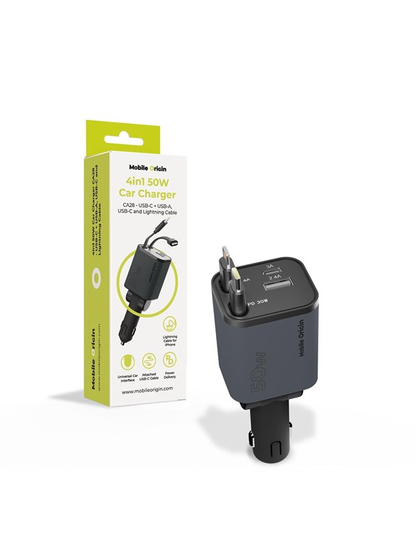 Mobile Origin 4in1 50W Car Charger CA28 - USB-C + USB-A USB-C and Lightning Cable