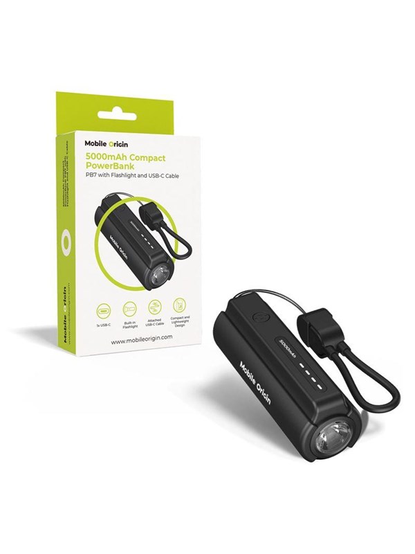 Mobile Origin 5000mAh Compact PowerBank PB7 with Flashlight and USB-C Cable - 5000 mAh