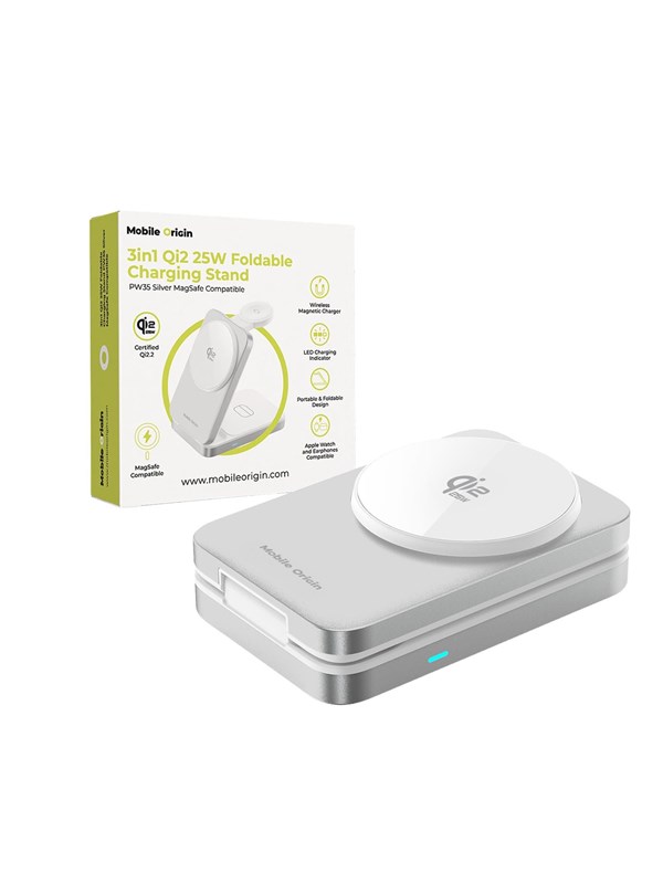 Mobile Origin 3in1 Qi2 25W Foldable Charging Stand PW35.MagSafe Compatible - Silver