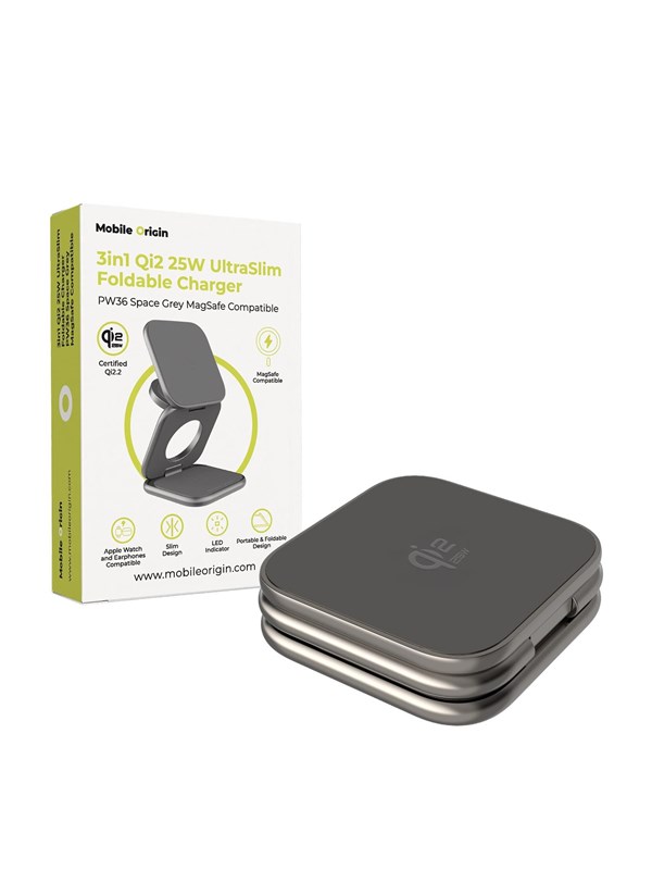 Mobile Origin 3in1 Qi2 25W UltraSlim Foldable Charger PW36 MagSafe Compatible Space Grey