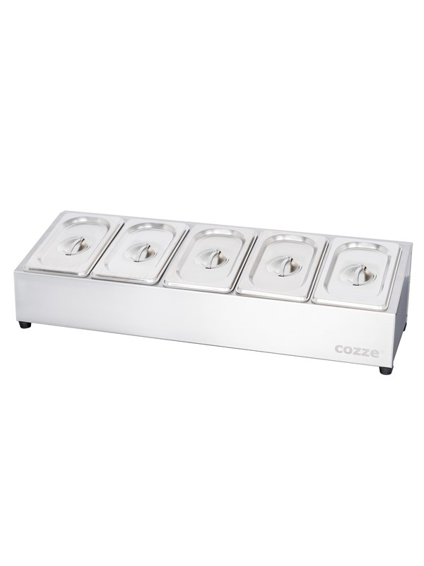 Cozze® Topping Station - Ingrediëntenhouder met 5 Bakken & Deksels - RVS Topping Organizer - Voor Pizza, BBQ & Buitenkeuken