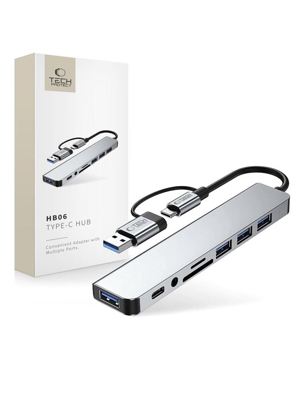 Tech-Protect HB06 HUB Adapter 8in1 TYPE-C + USB2.0 + USB3.0 + SD/TF + AV3.5 - Grey USB hub - 8 - USB 2.0 - Grijs