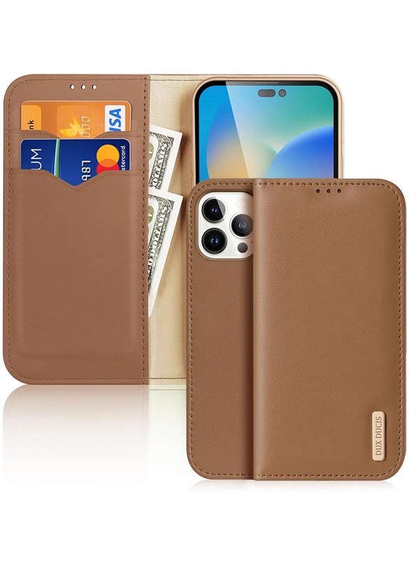 Dux Ducis Hivo Leather Flip Case Genuine Leather Cover Card & Document Wallet iPhone 14 Pro Max Brown