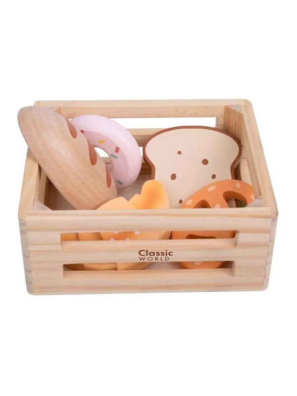 Classic World houten speelgoed krat met brood en lekkernijen.