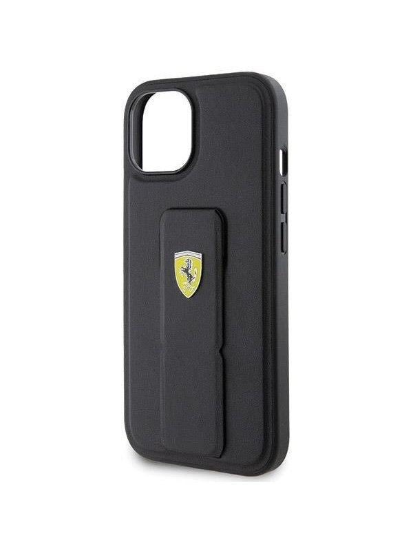 Ferrari Grip Stand Metal Logo Case for iPhone 15 - Black