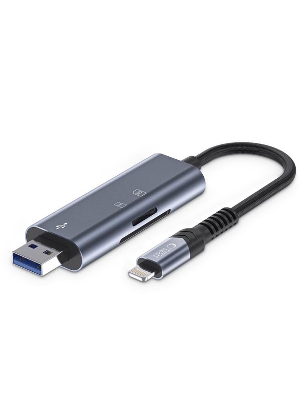 Tech-Protect UltraBoost SD / micro SD card reader with Lightning / USB-A connector - grey USB hub - 3 - USB 2.0 - Grijs