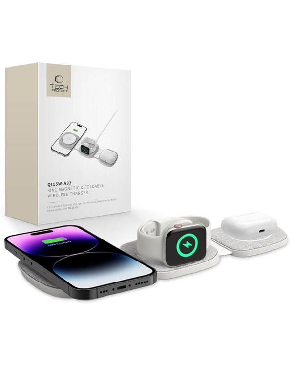 Tech-Protect QI15W-A32 3in1 Inductive Charger with MagSafe for Smartphone / Apple Watch / AirPods - Grey