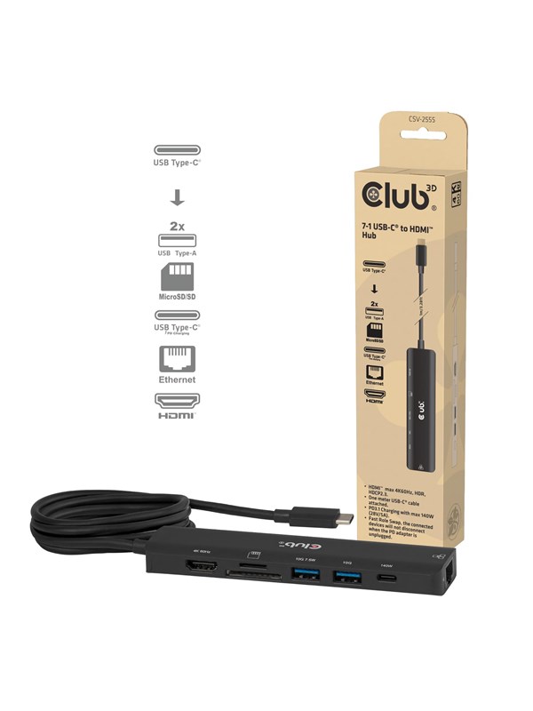 Club 3D CSV-2555 7?in?1 USB?C to HDMI Hub 4K60Hz PD 3.1 140W 1m