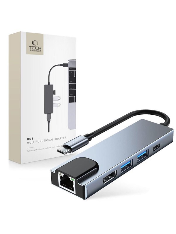 Tech-Protect V3 5in1 USB-C - USB-A 3.0 / USB-A 2.0 / USB-C / HDMI / RJ45 - grey USB hub - 6 - USB 2.0 - Grijs