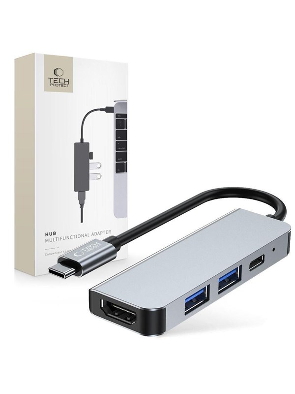Tech-Protect HUB V2 4in1 USB-C - USB-A 3.0 / USB-A 2.0 / USB-C / HDMI - Grey USB hub - 4 - USB 2.0 - Grijs