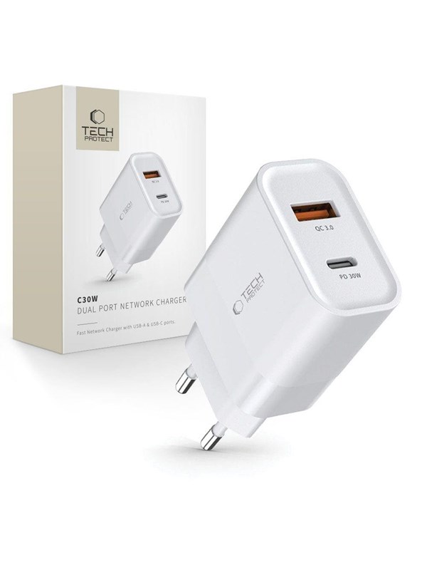 Tech-Protect C30W USB-C PD 30W / USB-A QC 3.0 Mains Charger - White