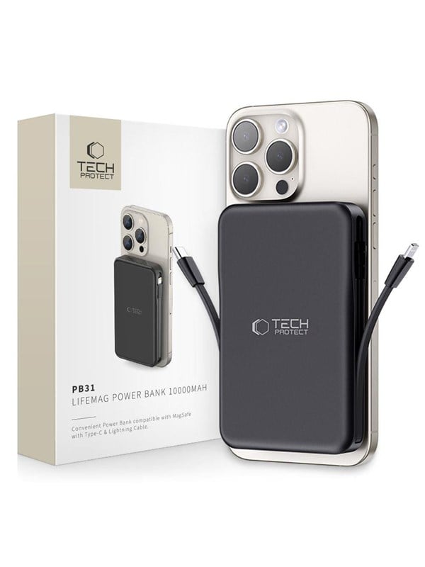 Tech-Protect LifeMag PB31 Power Bank with MagSafe 10000mAh 15W USB-C / USB-A / Built-in USB-C / Lightning Cables - Black - 10000 mAh