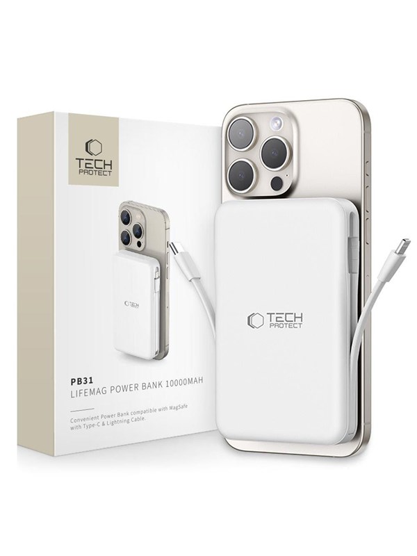 Tech-Protect LifeMag PB31 Power Bank with MagSafe 10000mAh 15W USB-C / USB-A / Built-in USB-C / Lightning Cables - White - 10000 mAh