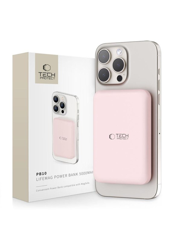 Tech-Protect LifeMag PB10 Power Bank with MagSafe 5000mAh 15W USB-C Port - Pink + USB-C Cable - 5000 mAh