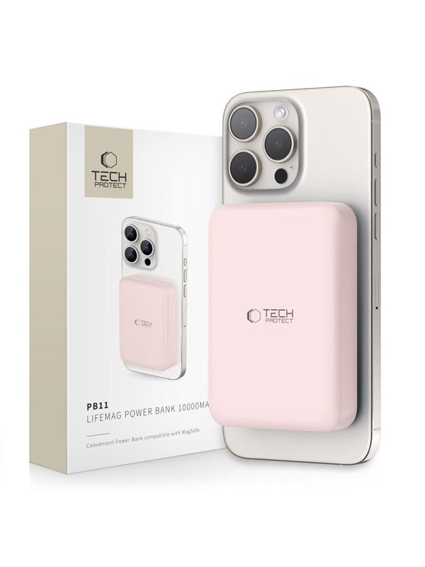 Tech-Protect LifeMag PB11 Power Bank with MagSafe 10000mAh 15W USB-C Port - Pink + USB-C Cable - 10000 mAh