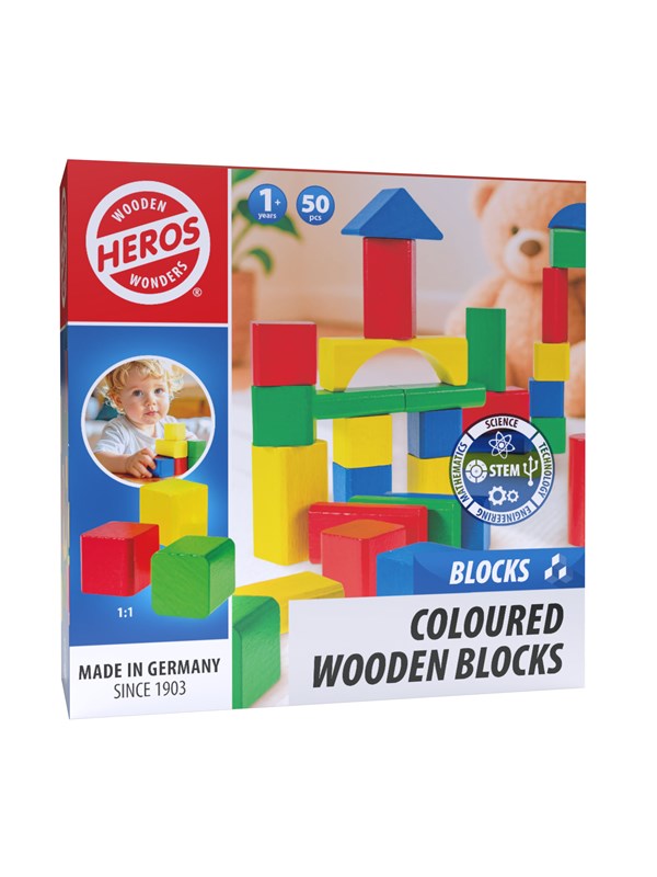 Heros Houten Blokken Gekleurd – Blokken – 50 Bouwblokken – Compacte Doos – FSC Hout – Gemaakt in Duitsland – Creatief Bouwen – Vanaf 1 Jaar
