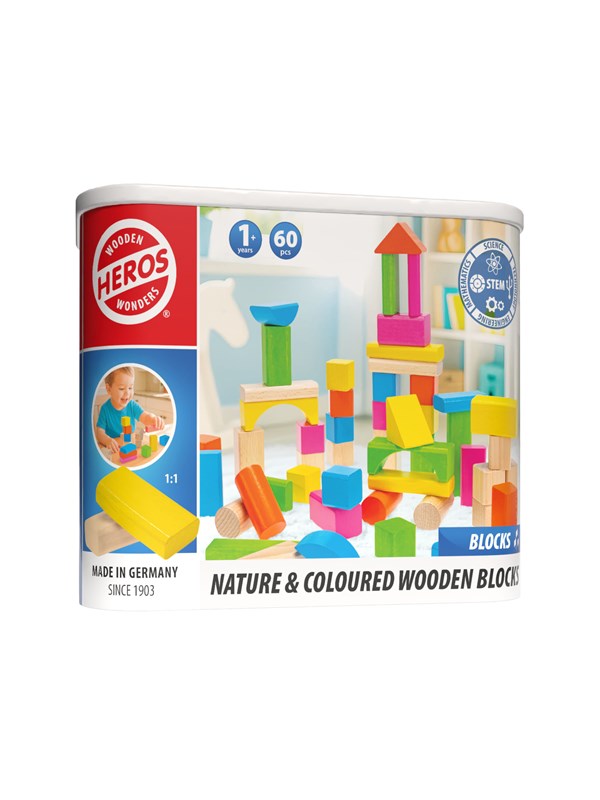Heros Houten Blokken Naturel en Gekleurd – Blokken – 60 Bouwblokken – Grote Set – FSC Hout – Gemaakt in Duitsland – Creatief Bouwen – Vanaf 1 Jaar