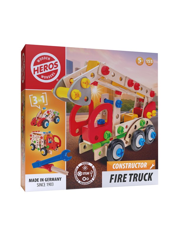 Heros Constructor Brandweerwagen – Constructiespeelgoed – 3-in-1 – 155 Onderdelen – Houten Bouwset – FSC Hout – Gemaakt in Duitsland – Zelf Bouwen – Vanaf 5 Jaar