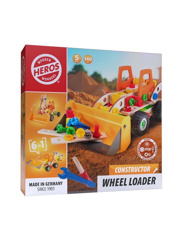 Heros Constructor Wiellader – Constructiespeelgoed – 6-in-1 – 140 Onderdelen – Houten Bouwset – FSC Hout – Gemaakt in Duitsland – Zelf Bouwen – Vanaf 5 Jaar