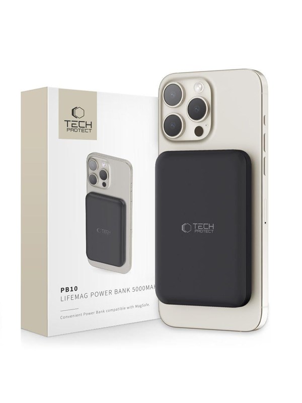 Tech-Protect LifeMag PB10 Power Bank with MagSafe 5000mAh 15W USB-C Port - Black + USB-C Cable - 5000 mAh