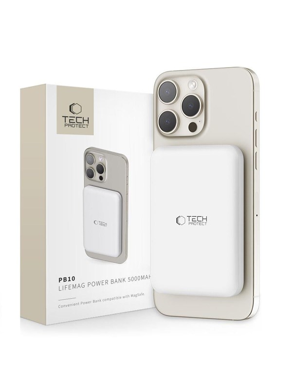 Tech-Protect LifeMag PB10 Power Bank with MagSafe 5000mAh 15W USB-C Port - White + USB-C Cable - 5000 mAh