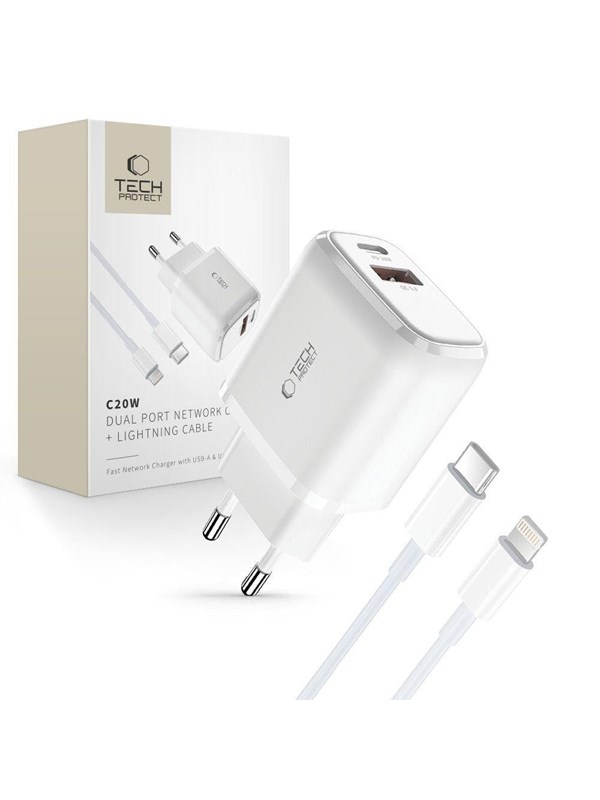 Tech-Protect C20W USB-C PD 20W / USB-A QC 3.0 Mains Charger with USB-C / Lightning Cable - White
