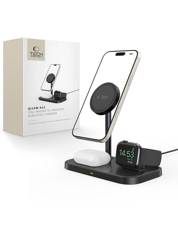 Tech-Protect QI15W-A22 Inductive MagSafe Charger with 3in1 MagSafe Stand for Smartphone / Apple Watch / AirPods - Black