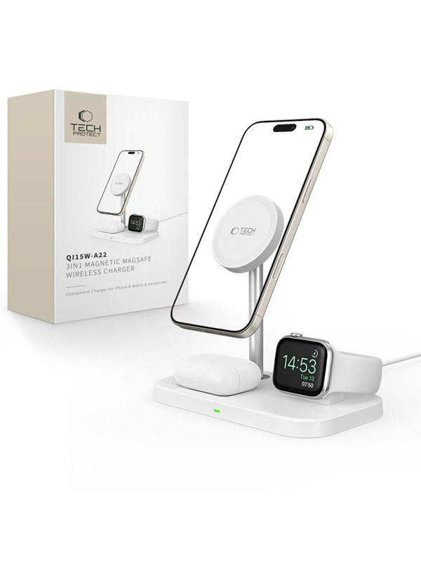 Tech-Protect QI15W-A22 Inductive MagSafe Charger with 3in1 MagSafe Stand for Smartphone / Apple Watch / AirPods - White