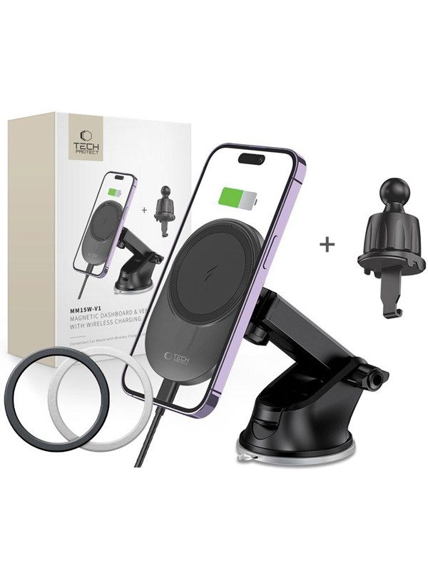 Tech-Protect MM15W-V1 Car Phone Holder with MagSafe 15W Inductive Charger for Cockpit / Air Vent - Black