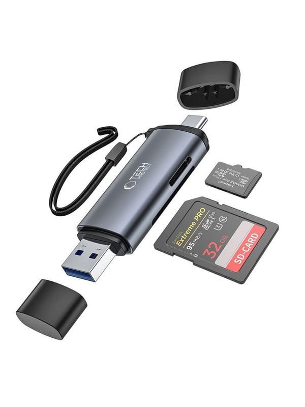 Tech-Protect UltraBoost SD / micro SD card reader with USB-C / USB-A connectors - grey USB hub - 4 - USB 3.0 - Grijs