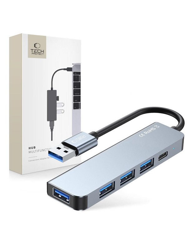 Tech-Protect HUB V0 5in1 USB-A - USB-A 3.0 / 3x USB-A 2.0 / USB-C - grey USB hub - 5 - USB 2.0 - Grijs