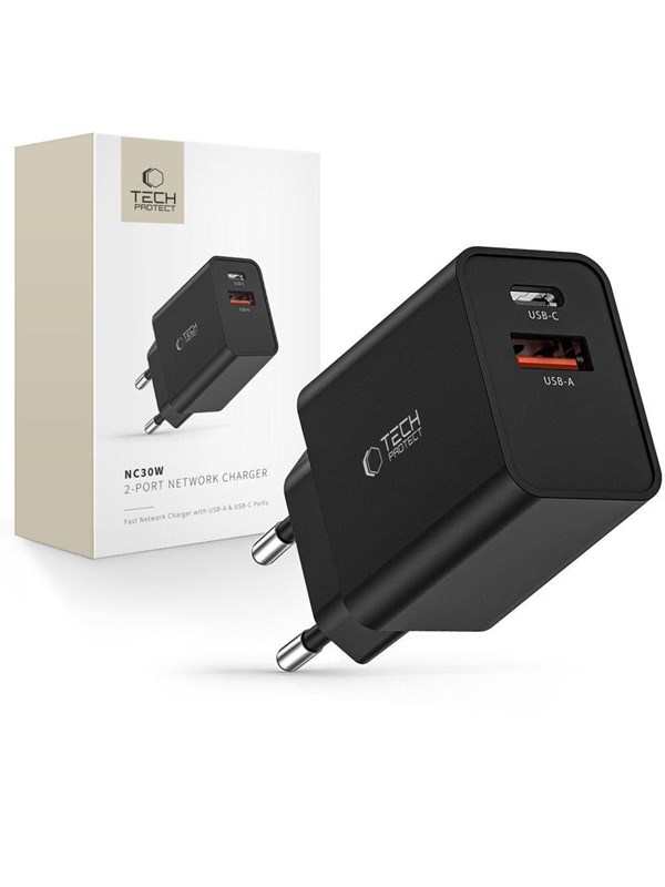 Tech-Protect NC30W Mains Charger USB-C PD 30W / USB-A QC 3.0 - Black