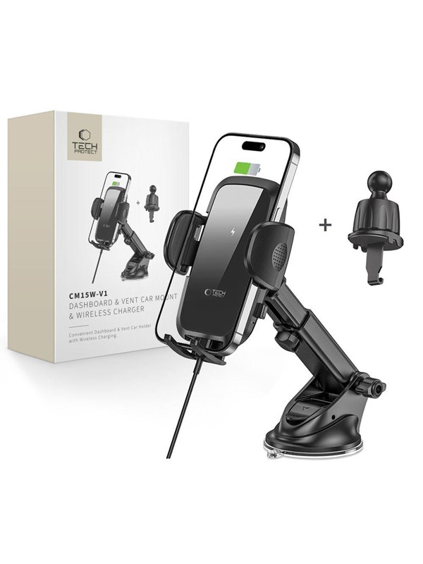 Tech-Protect CM15W-V1 Car Phone Holder with Inductive Charger 15W for Cockpit / Air Vent Grille - Black
