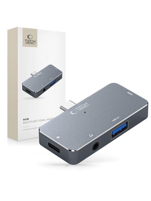 Tech-Protect HUB V6 4in1 USB-C - USB-A 3.0 / USB-C PD100W / HDMI / mini jack 3.5mm - grey USB hub - 4 - USB 3.0 - Grijs