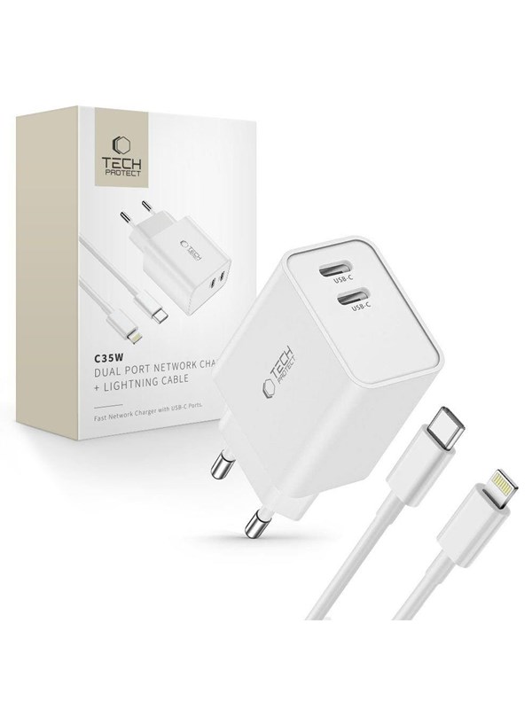 Tech-Protect C35W AC Charger 2x USB-C PD 35W with USB-C / Lightning Cable - White