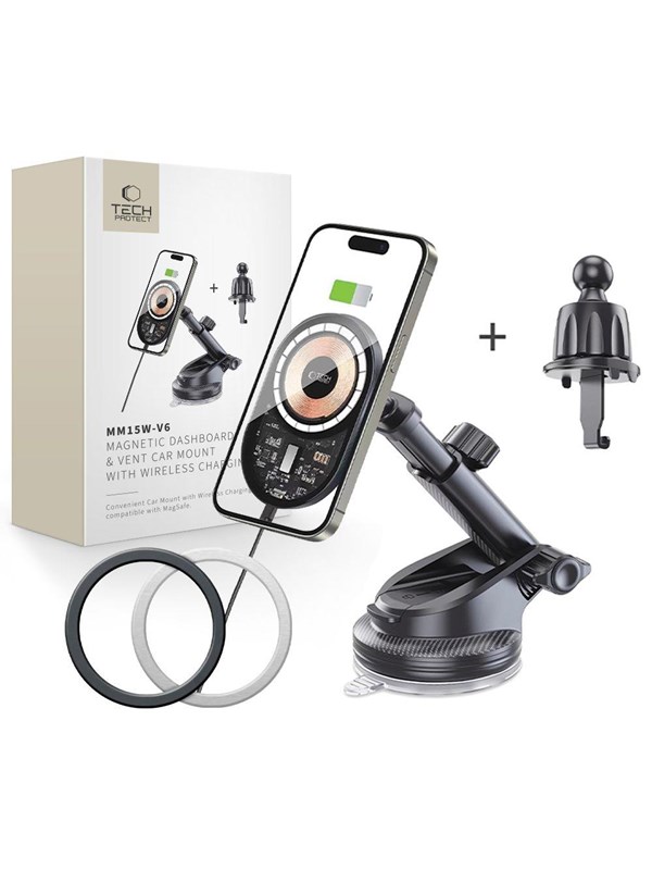 Tech-Protect Car Mount with 15W MM15W-V6 Charger with MagSafe for Dashboard and Air Vent - Black