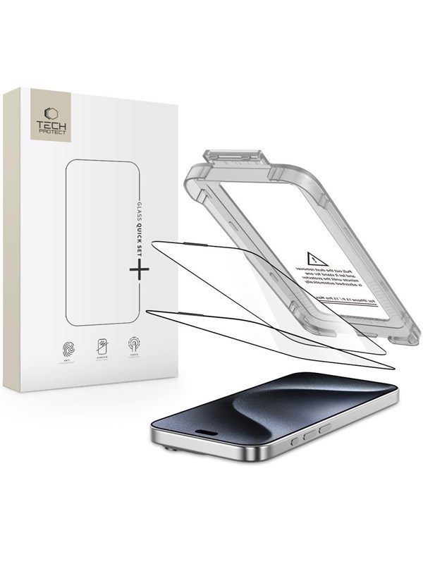 Tech-Protect Quick Set+ 2-pack Tempered Glass Screen Protector for iPhone 15 Pro - Black