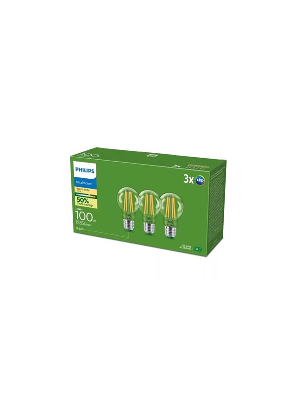 Philips LED spot Ultra Efficient A60 7.3W/827 (100W) Clear 3-pack E27