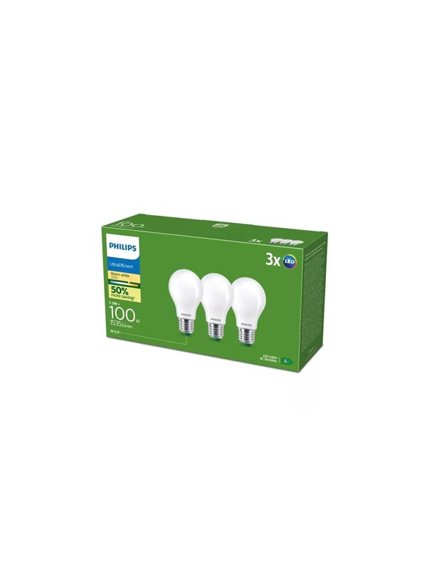 Philips LED spot Ultra Efficient A60 7,3W/827 (100W) Frosted 3-pack E27