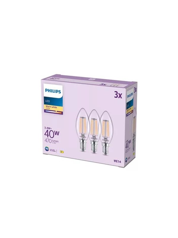 Philips LED spot B35 3,4W/827 (40W) Clear 3-pack E14
