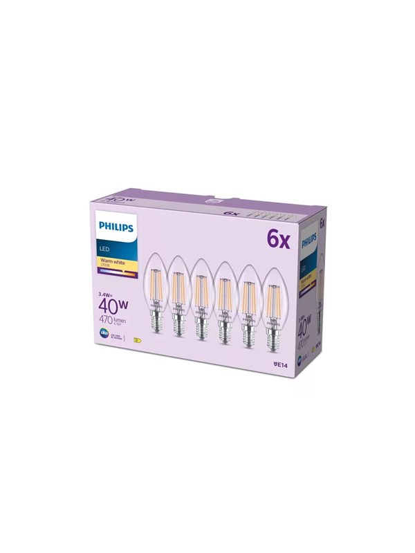 Philips LED spot B35 3,4W/827 (40W) Clear 6-pack E14