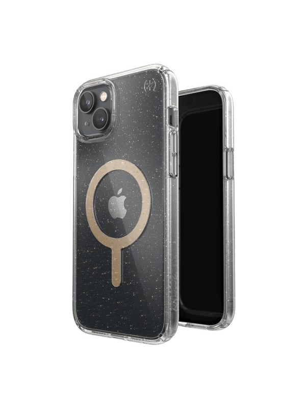 Speck Presidio Perfect-Clear with Glitter + MagSafe - iPhone 15 Plus / 14 Plus Case with MICROBAN Coating - Clear / Gold Glitter