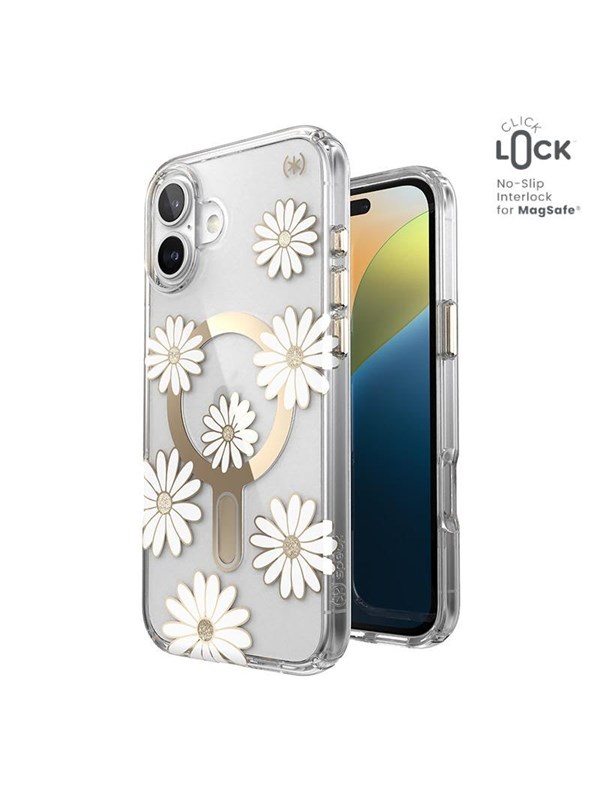 Speck Presidio Lux ClickLock & MagSafe - iPhone 16 Plus Case - Sunshine Daisies / Clear / Gold