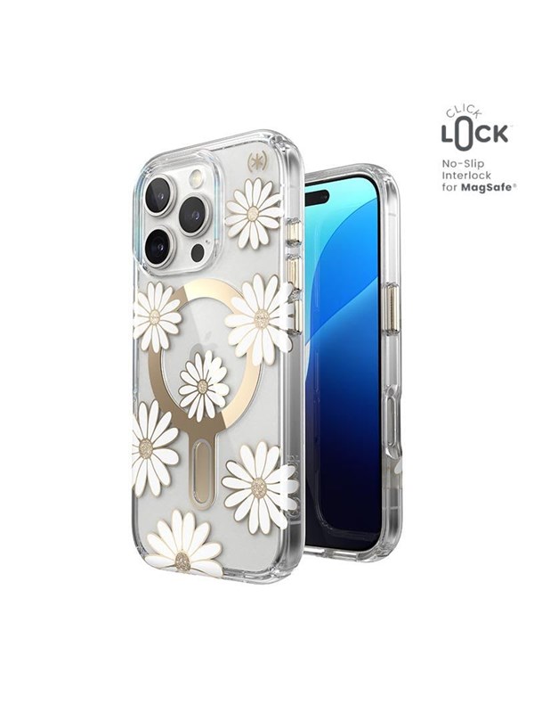 Speck Presidio Lux ClickLock & MagSafe - iPhone 16 Pro Case - Sunshine Daisies / Clear / Gold