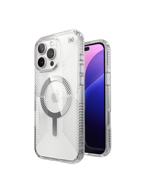 Speck Presidio Perfect-Clear Grip MagSafe - iPhone 16 Pro Max Case - Clear / Chrome Finish / Serene Silver