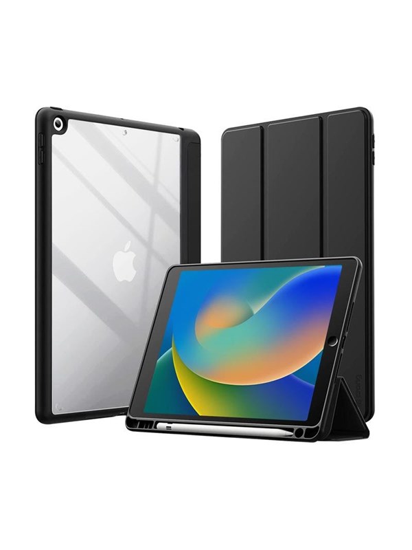 CRONG PrimeFolio - iPad 10.2 (2021-2019) Case with Stand and Apple Pencil Storage - Black/Clear